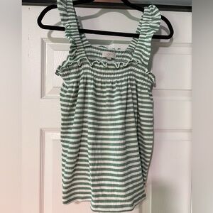 Breezy LOFT Green and White Ruffled Tank